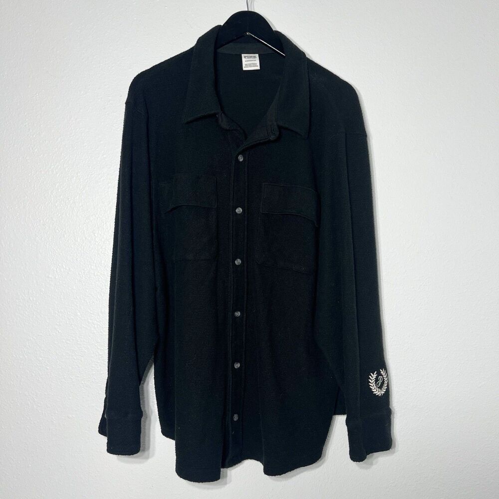 Victorias Secret Pink Shirt Womens XL Black Fleece Button Up Shacket Logo Lounge - Picture 2 of 9